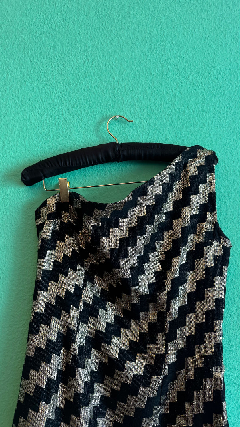 Vintage 1980s Black And Gold Metallic One-Shoulder Top