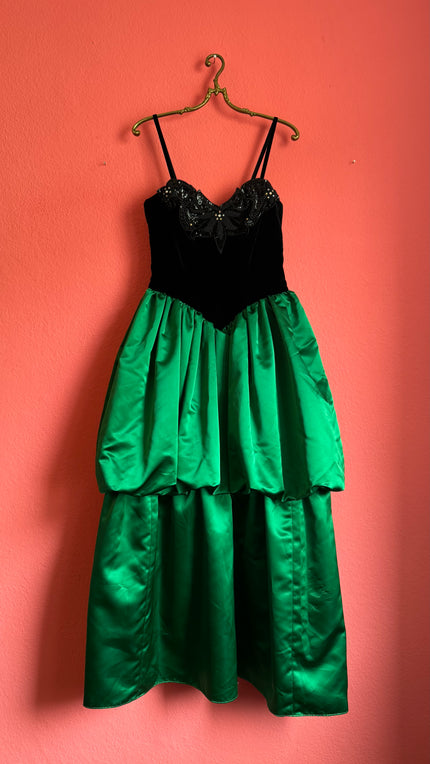 Vintage 1980s Augustat Black Velvet And Emerald Satin Evening Dress