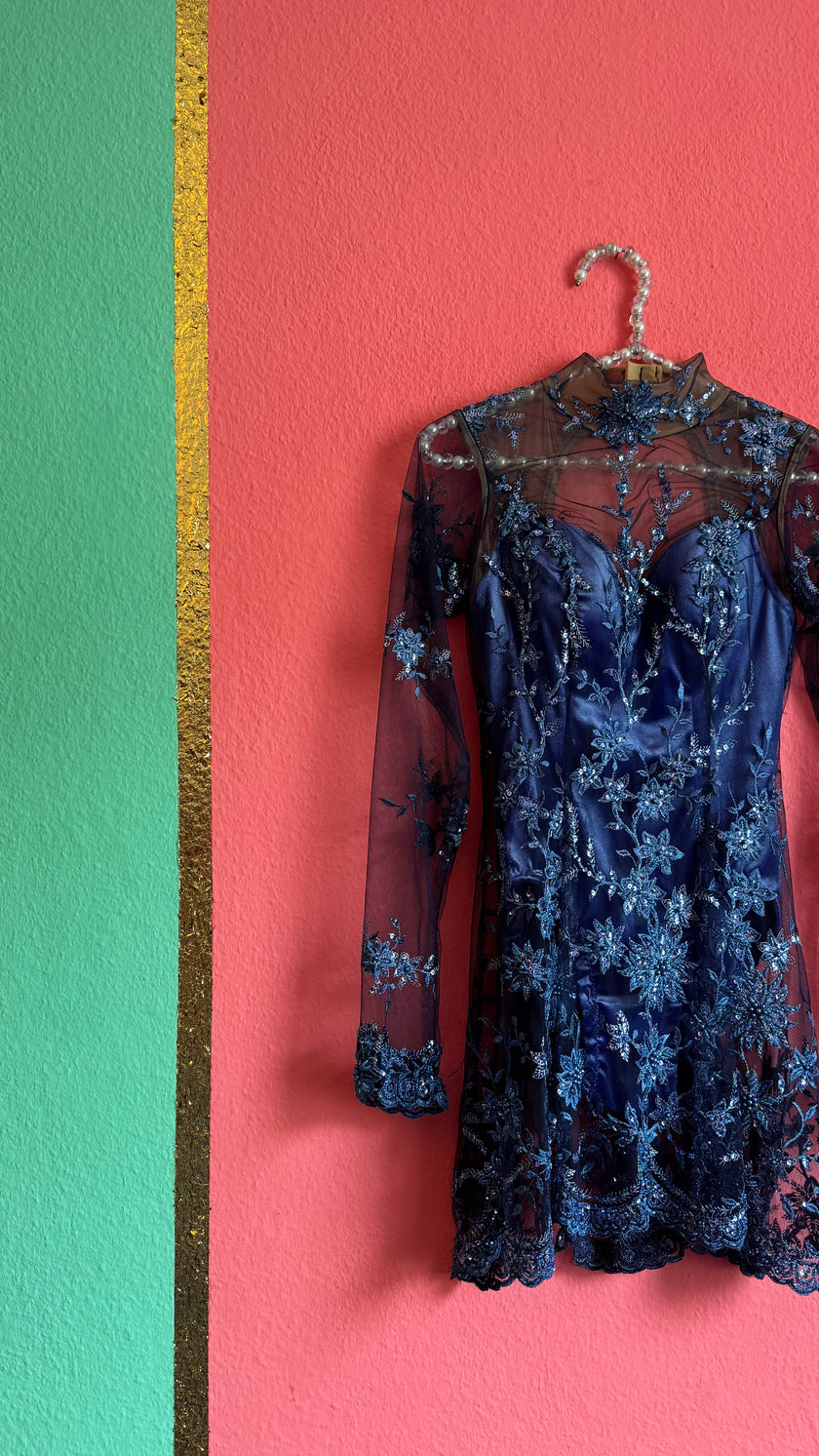 Vintage 1990s Blue Embroidered Mesh Mini Dress
