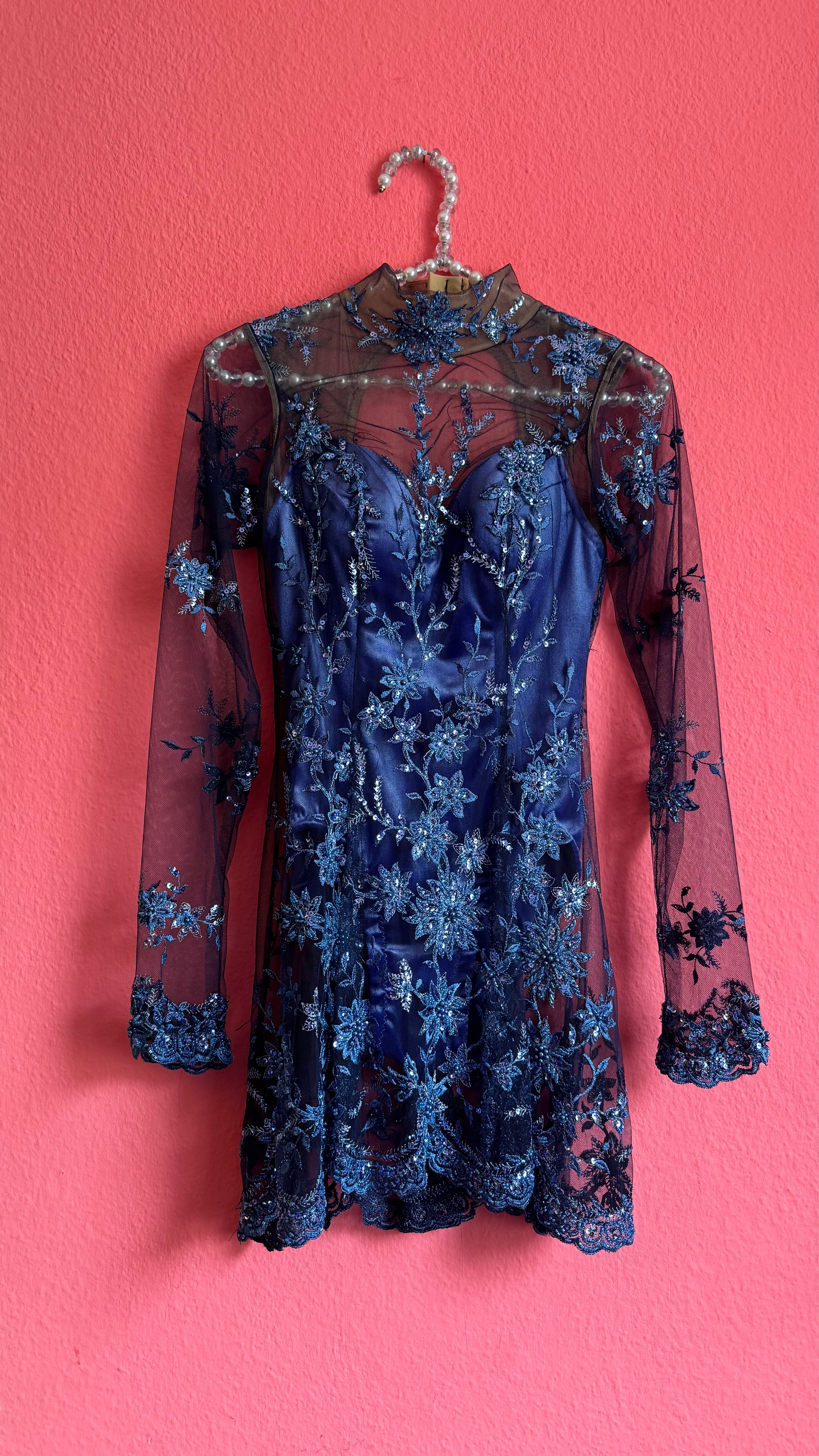 Vintage 1990s Blue Embroidered Mesh Mini Dress
