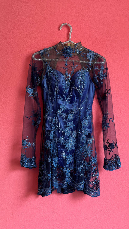 Vintage 1990s Blue Embroidered Mesh Mini Dress