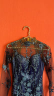 Vintage 1990s Blue Embroidered Mesh Mini Dress