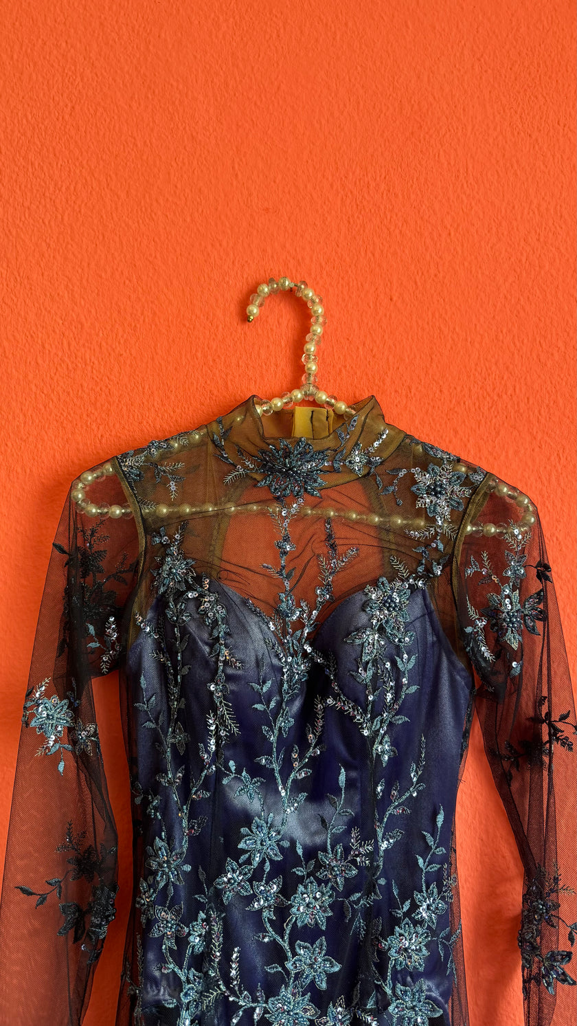Vintage 1990s Blue Embroidered Mesh Mini Dress