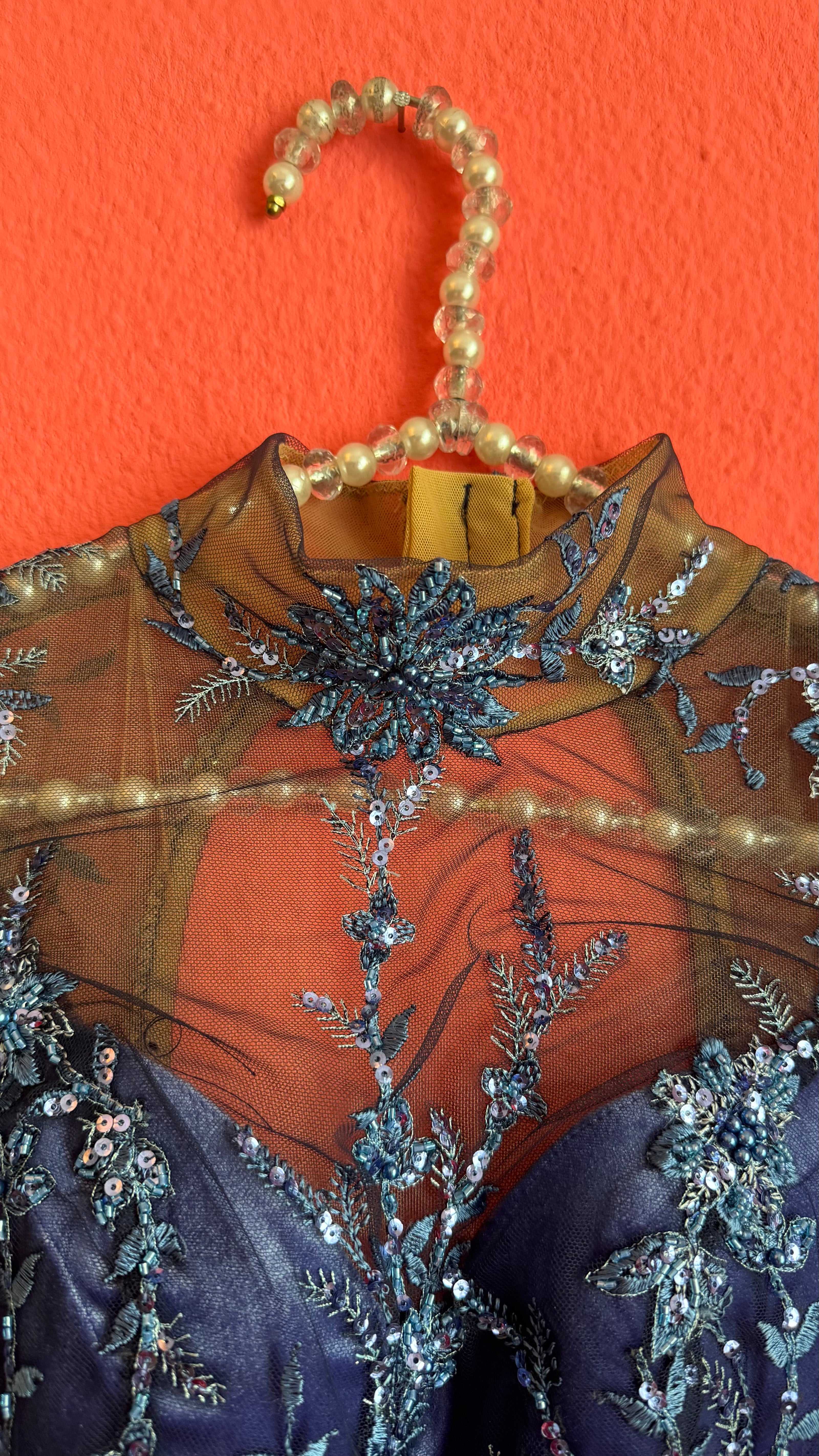 Vintage 1990s Blue Embroidered Mesh Mini Dress