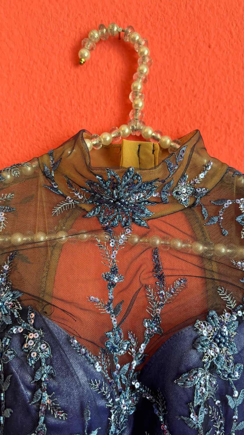 Vintage 1990s Blue Embroidered Mesh Mini Dress
