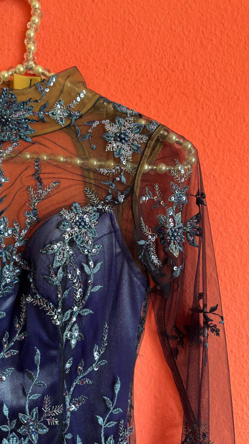 Vintage 1990s Blue Embroidered Mesh Mini Dress