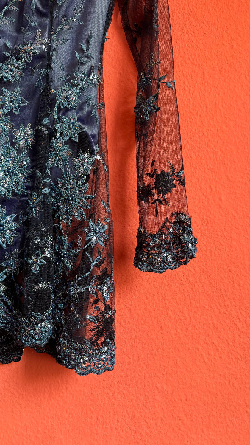 Vintage 1990s Blue Embroidered Mesh Mini Dress