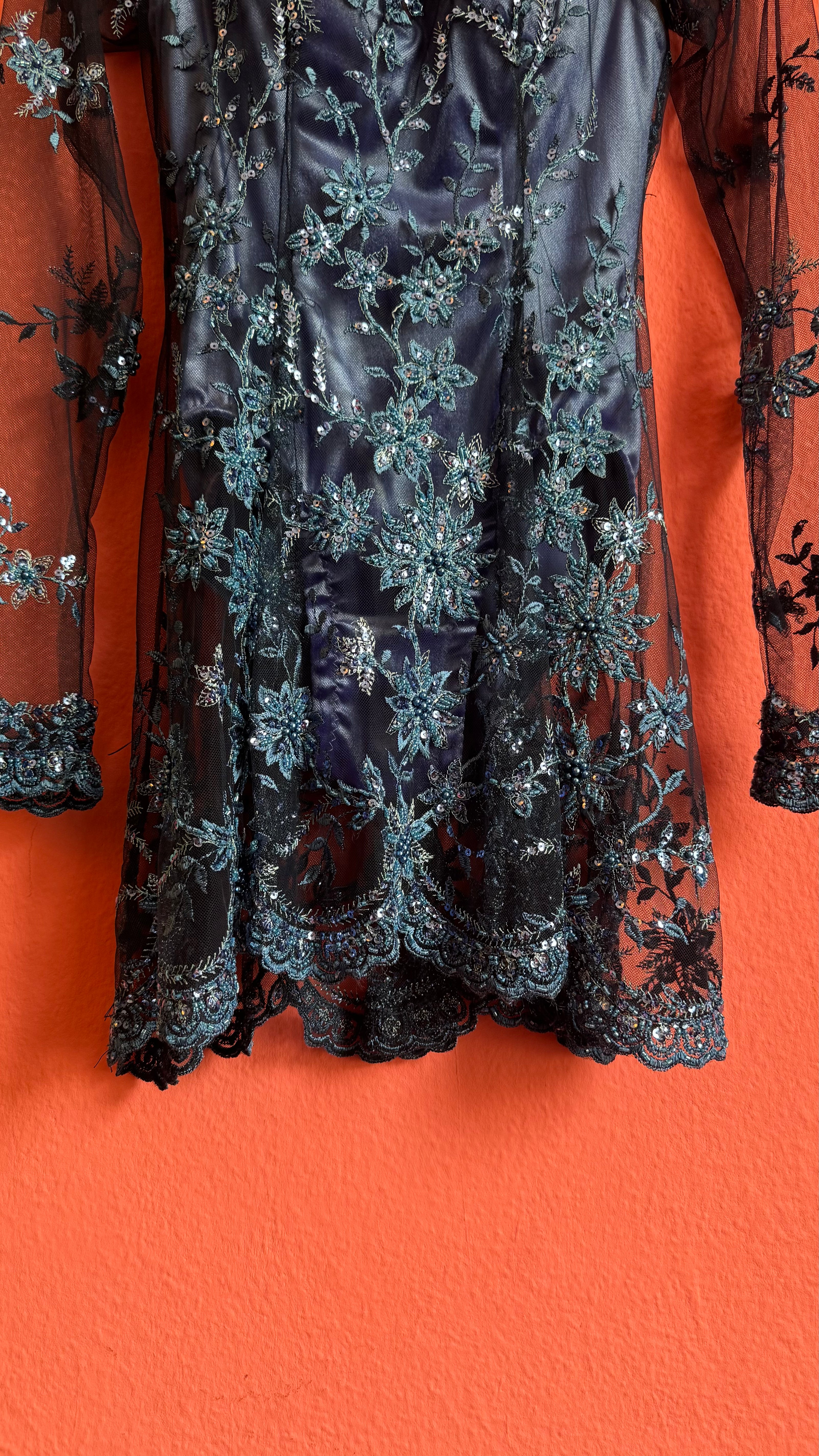 Vintage 1990s Blue Embroidered Mesh Mini Dress
