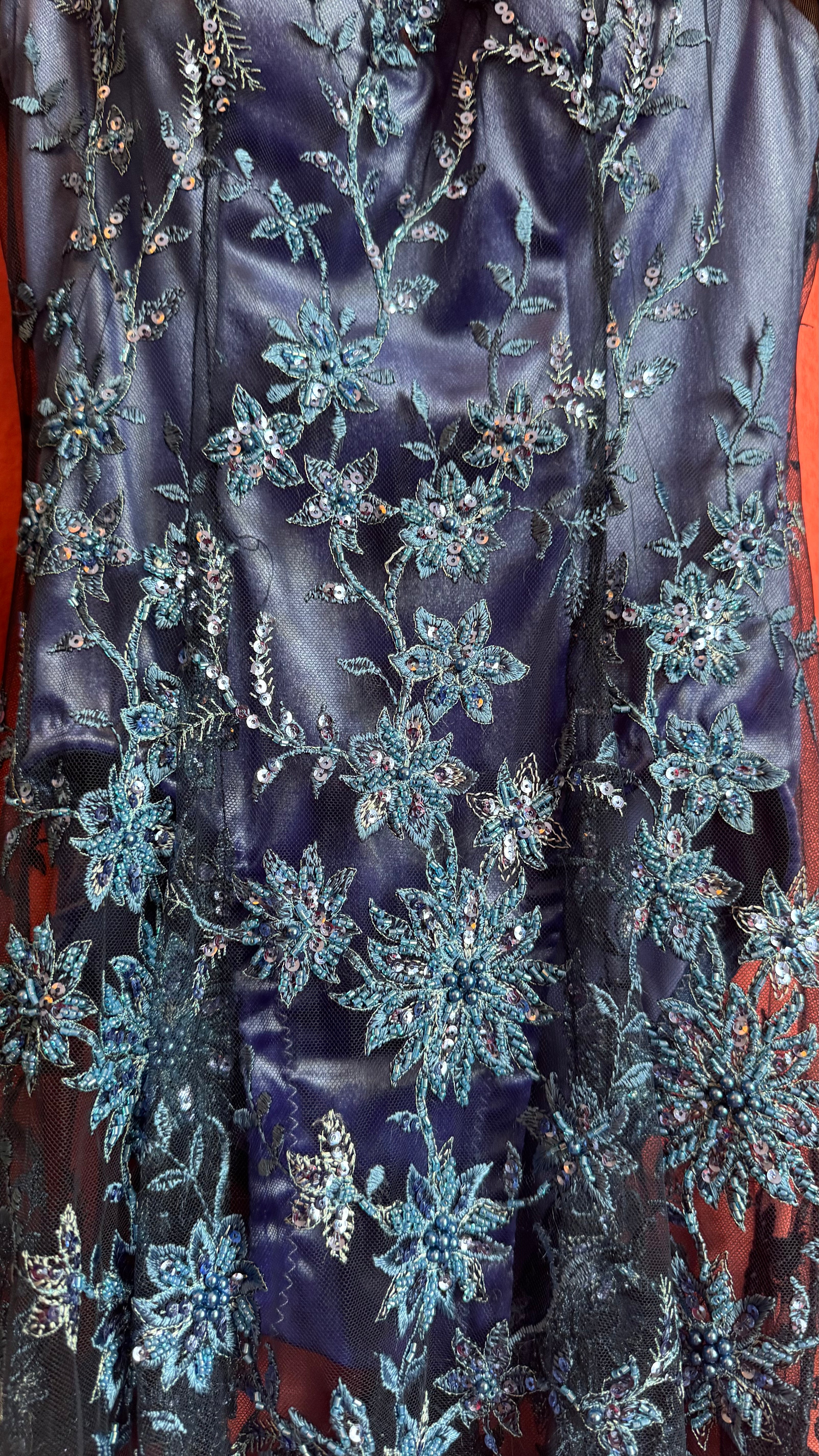 Vintage 1990s Blue Embroidered Mesh Mini Dress