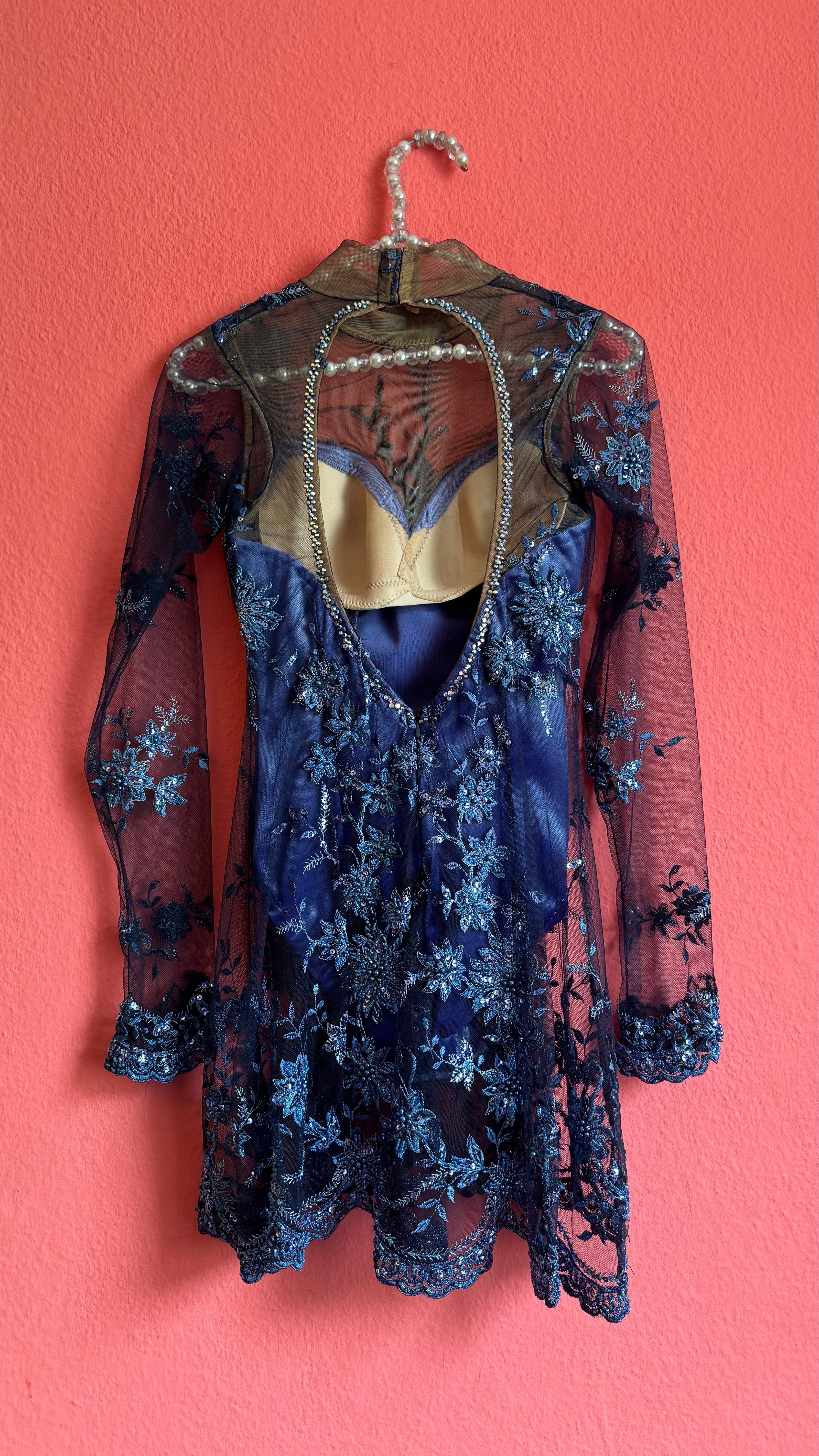 Vintage 1990s Blue Embroidered Mesh Mini Dress