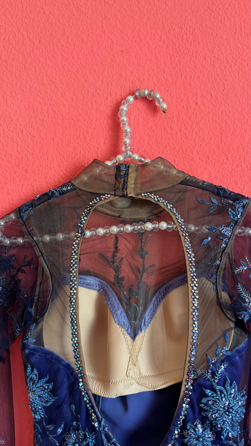 Vintage 1990s Blue Embroidered Mesh Mini Dress