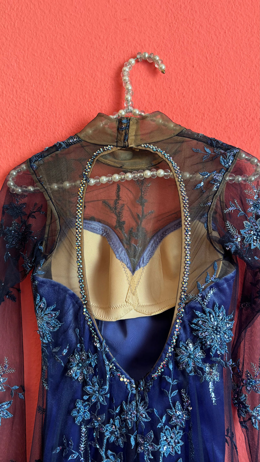 Vintage 1990s Blue Embroidered Mesh Mini Dress
