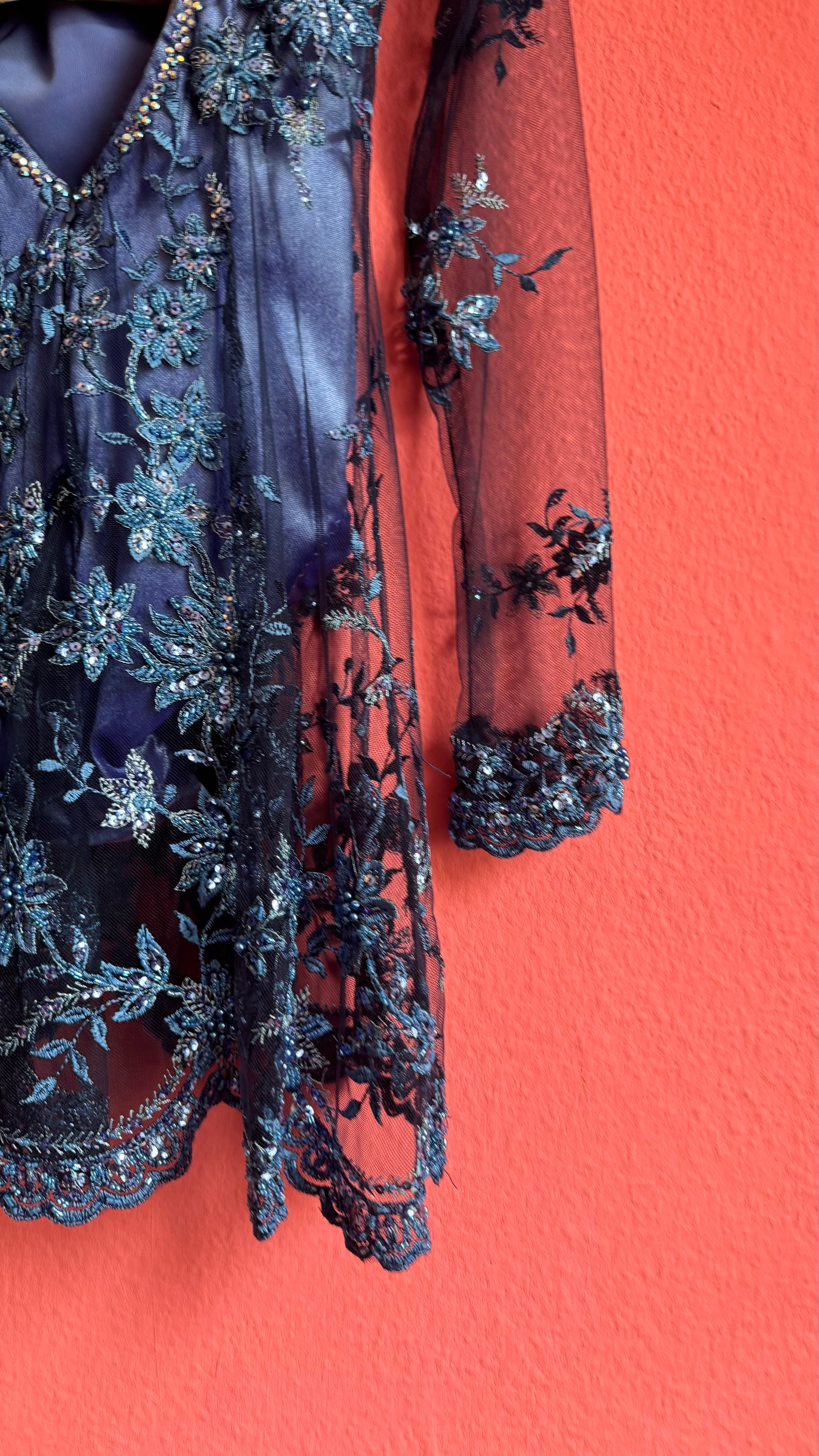 Vintage 1990s Blue Embroidered Mesh Mini Dress