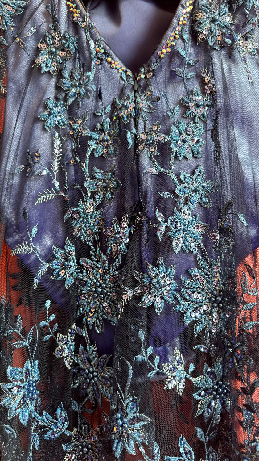 Vintage 1990s Blue Embroidered Mesh Mini Dress