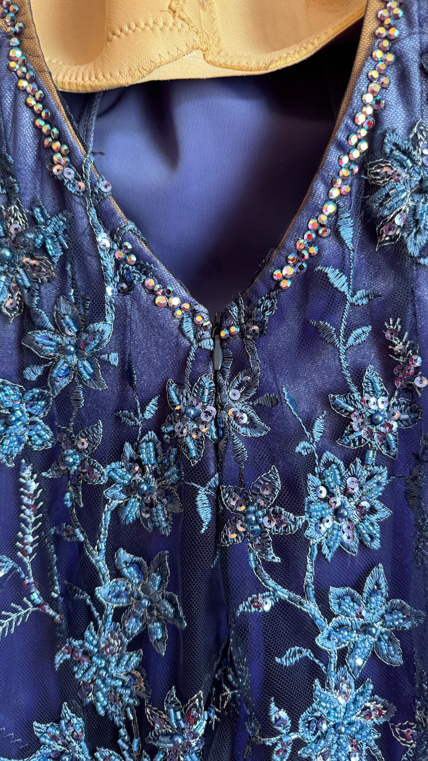 Vintage 1990s Blue Embroidered Mesh Mini Dress