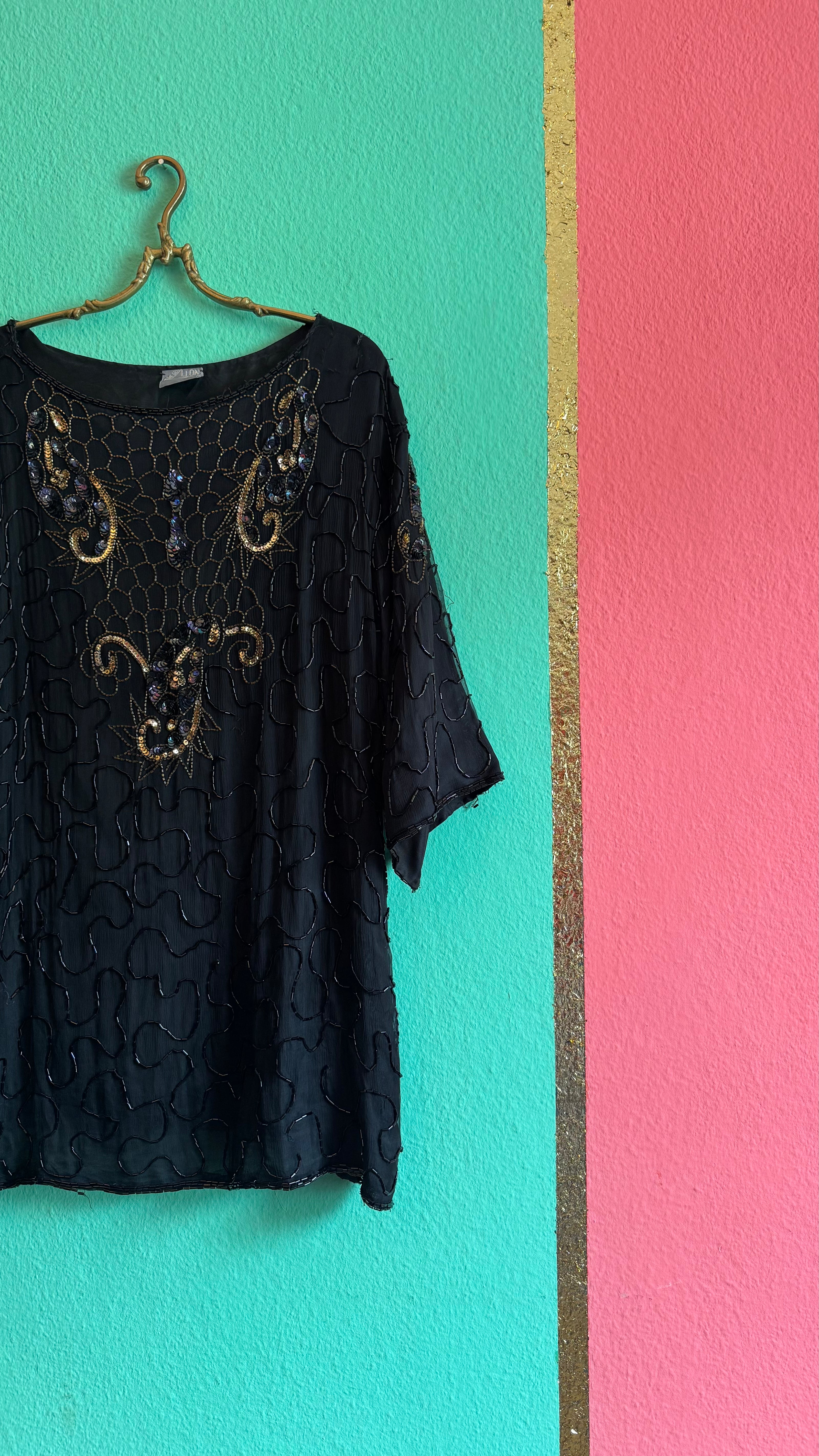 Vintage 1980s Lione Black Beaded Sequin Blouse