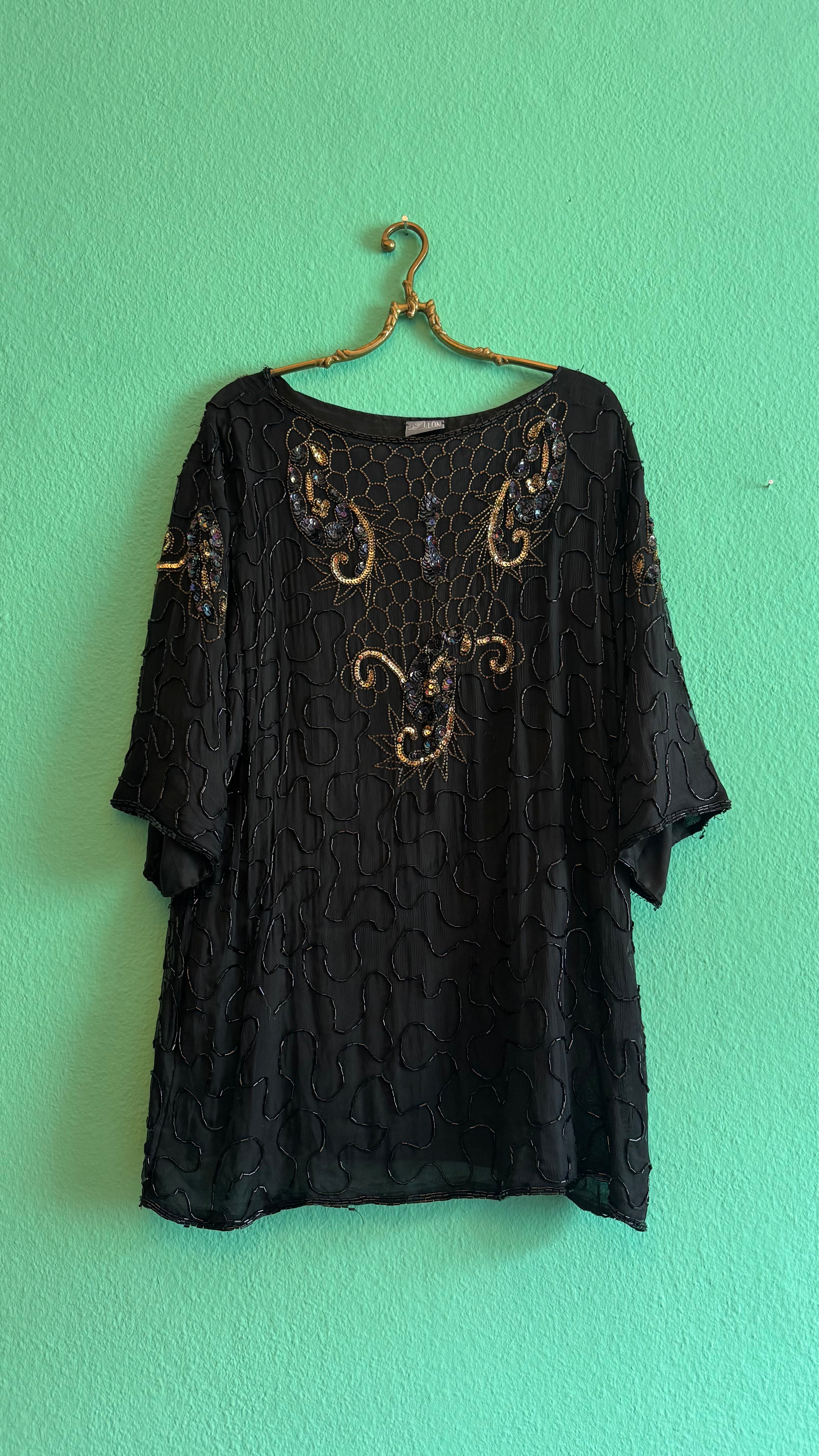 Vintage 1980s Lione Black Beaded Sequin Blouse