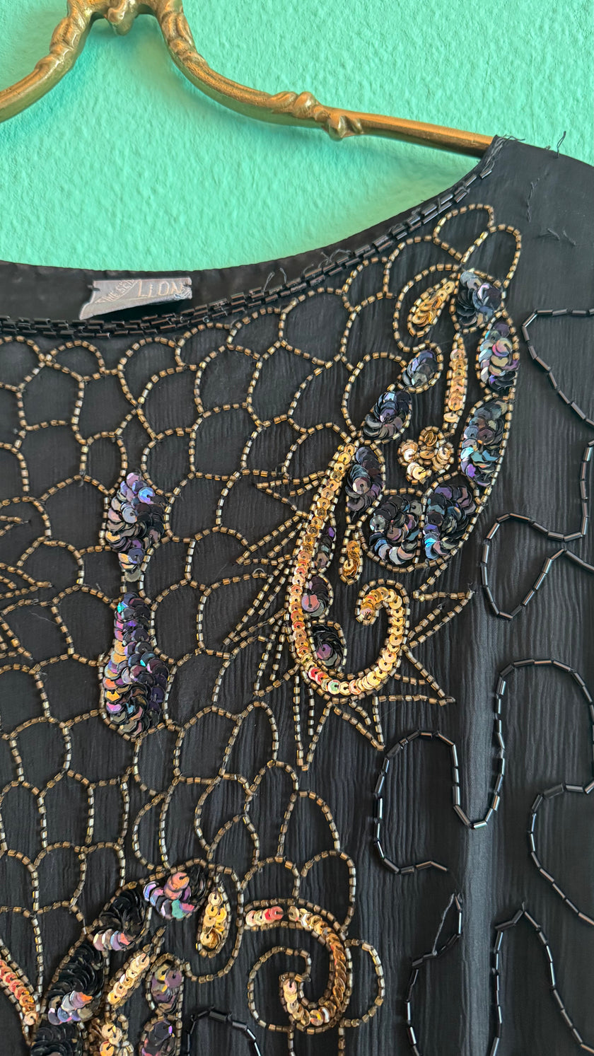 Vintage 1980s Lione Black Beaded Sequin Blouse