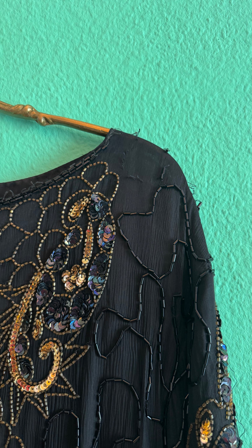Vintage 1980s Lione Black Beaded Sequin Blouse
