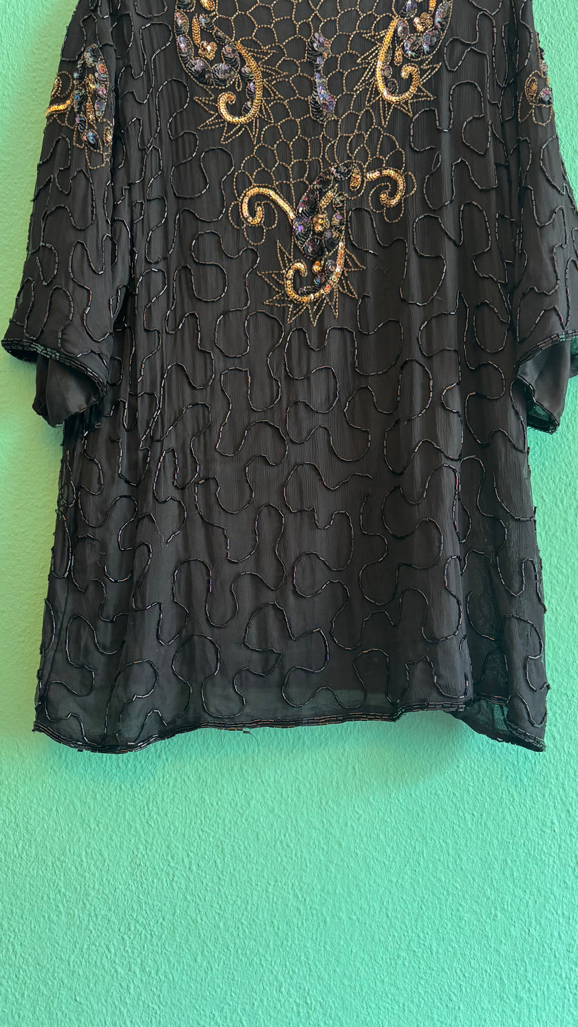 Vintage 1980s Lione Black Beaded Sequin Blouse