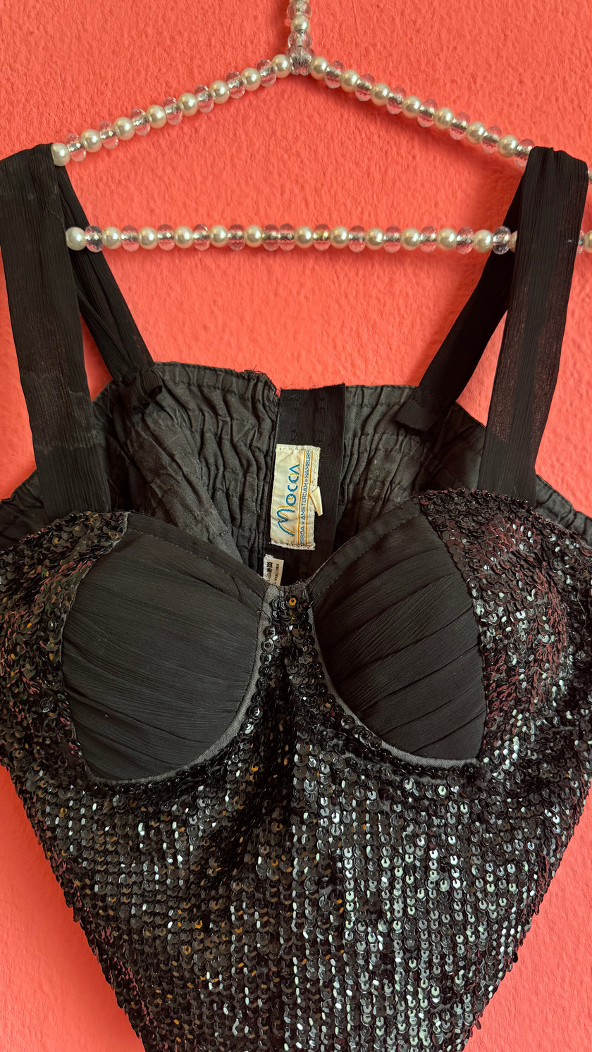 Vintage 1990s Mocca Black Sequin Bustier Top