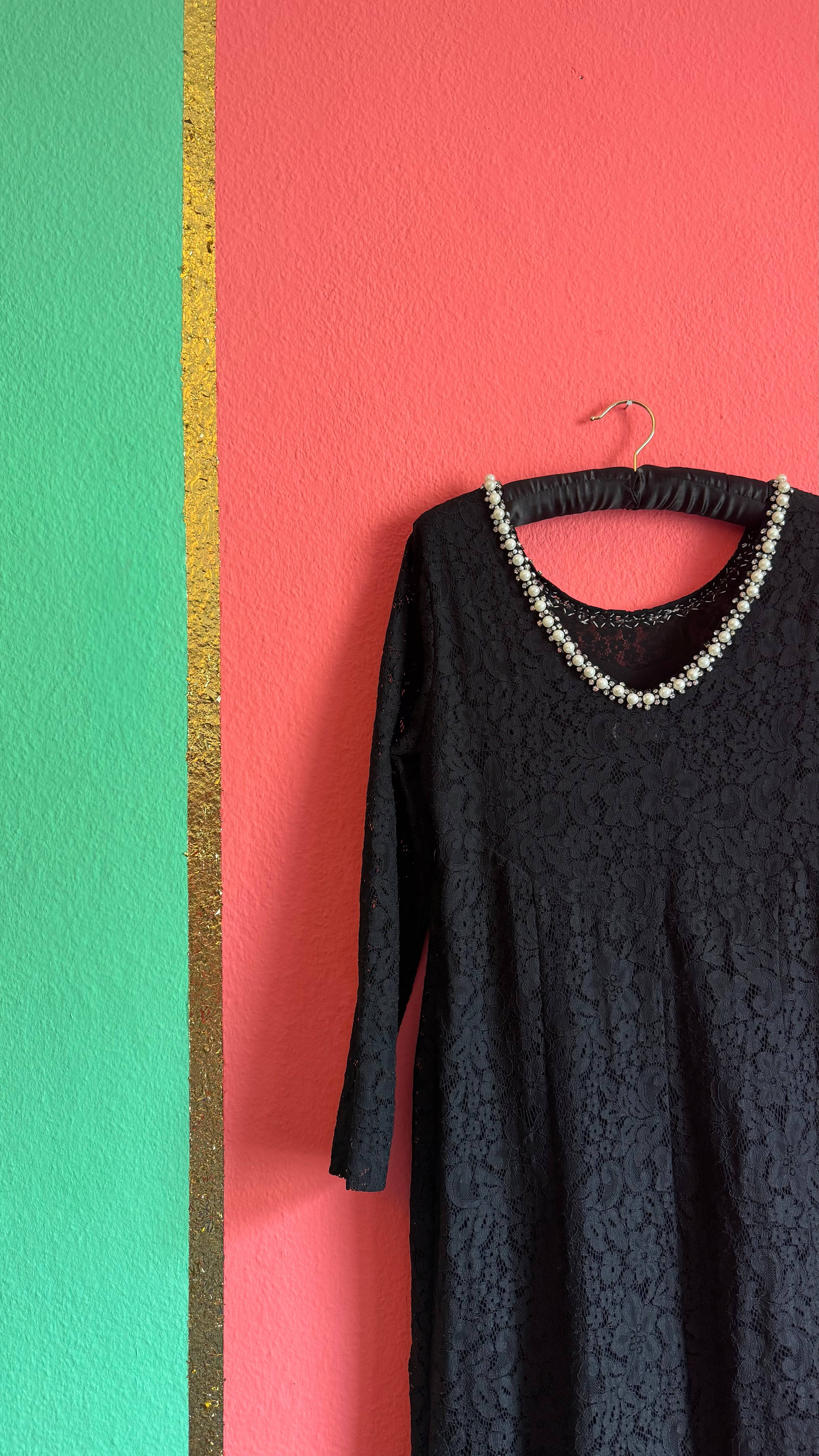 Vintage 1990s Modalgi Black Lace Pearl Neckline Dress