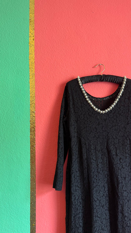 Vintage 1990s Modalgi Black Lace Pearl Neckline Dress