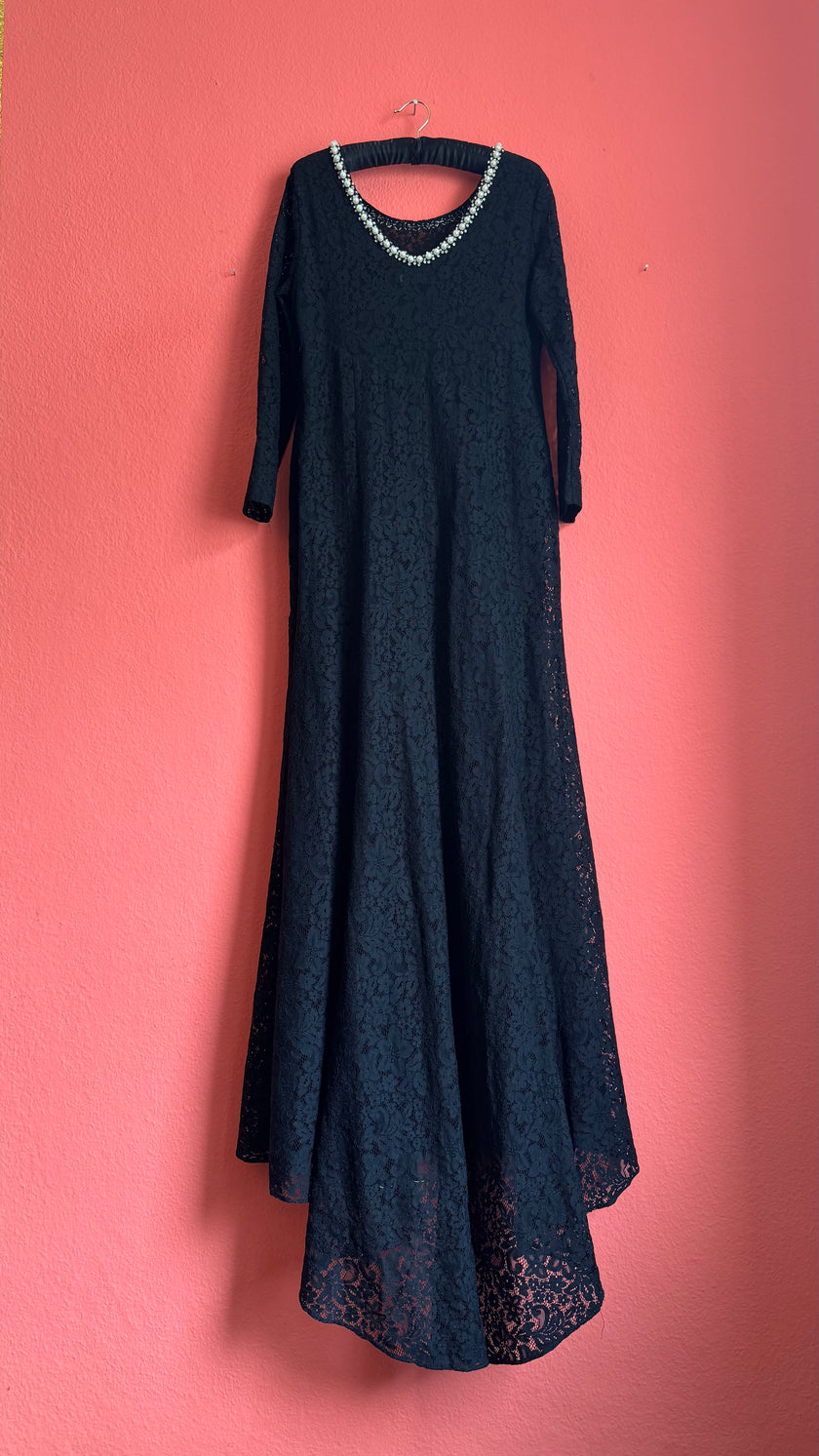 Vintage 1990s Modalgi Black Lace Pearl Neckline Dress