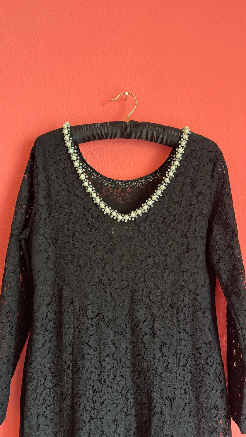 Vintage 1990s Modalgi Black Lace Pearl Neckline Dress