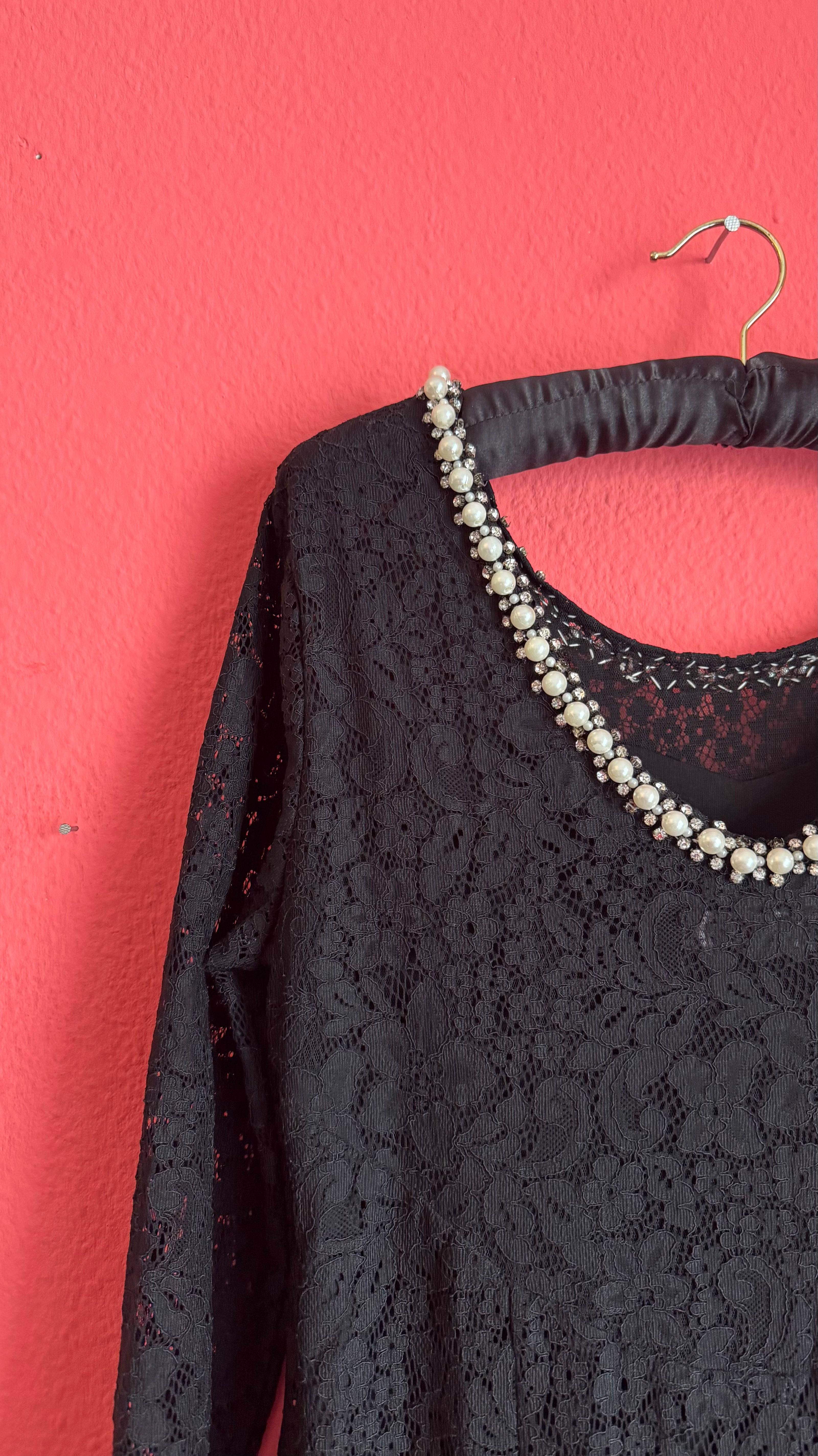 Vintage 1990s Modalgi Black Lace Pearl Neckline Dress