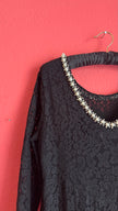 Vintage 1990s Modalgi Black Lace Pearl Neckline Dress