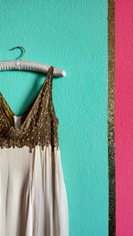 Original 1940s Silk Evening Dress – Gold Embellished Bodice