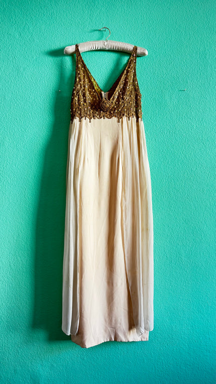 Original 1940s Silk Evening Dress – Gold Embellished Bodice