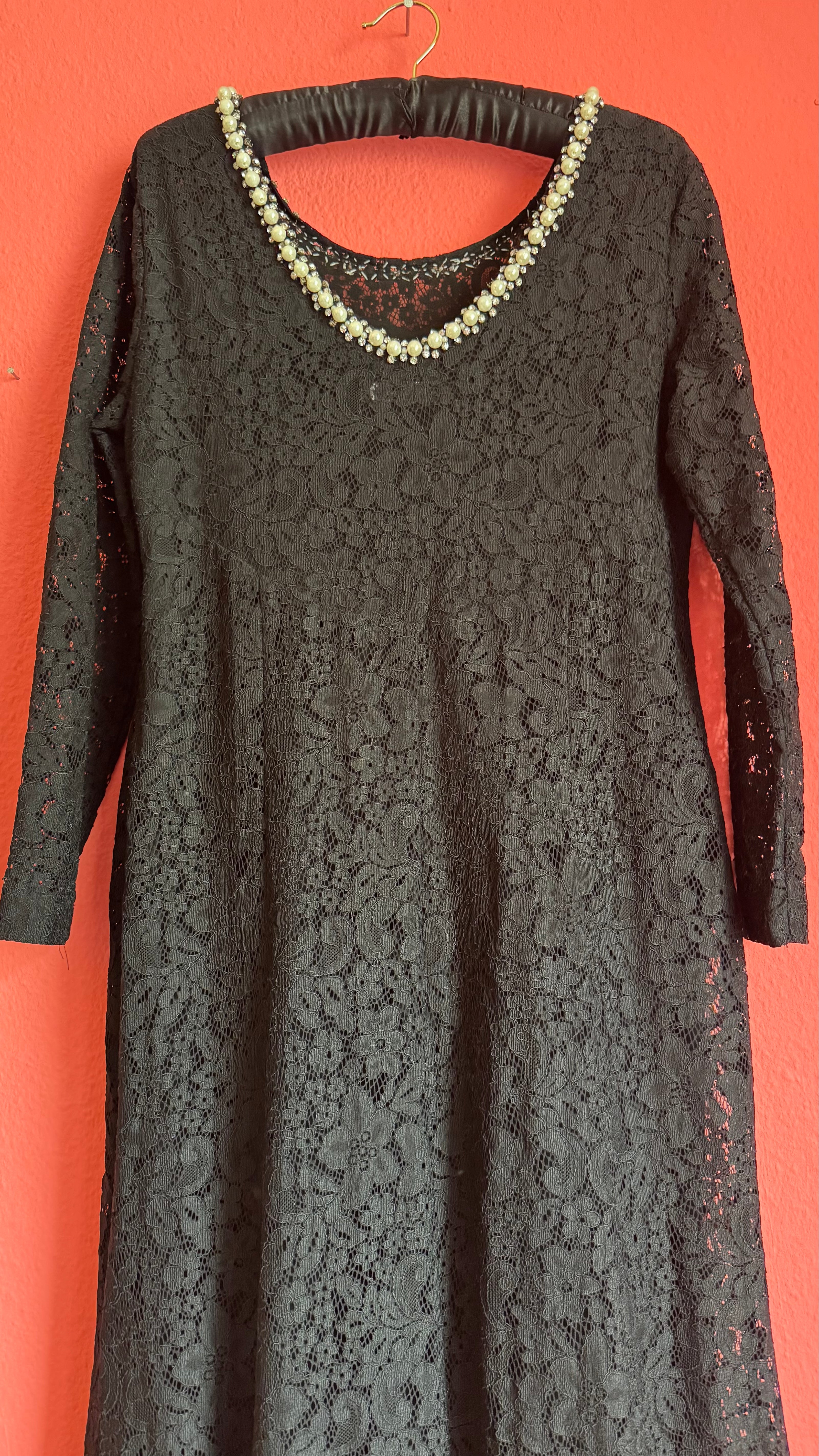 Vintage 1990s Modalgi Black Lace Pearl Neckline Dress
