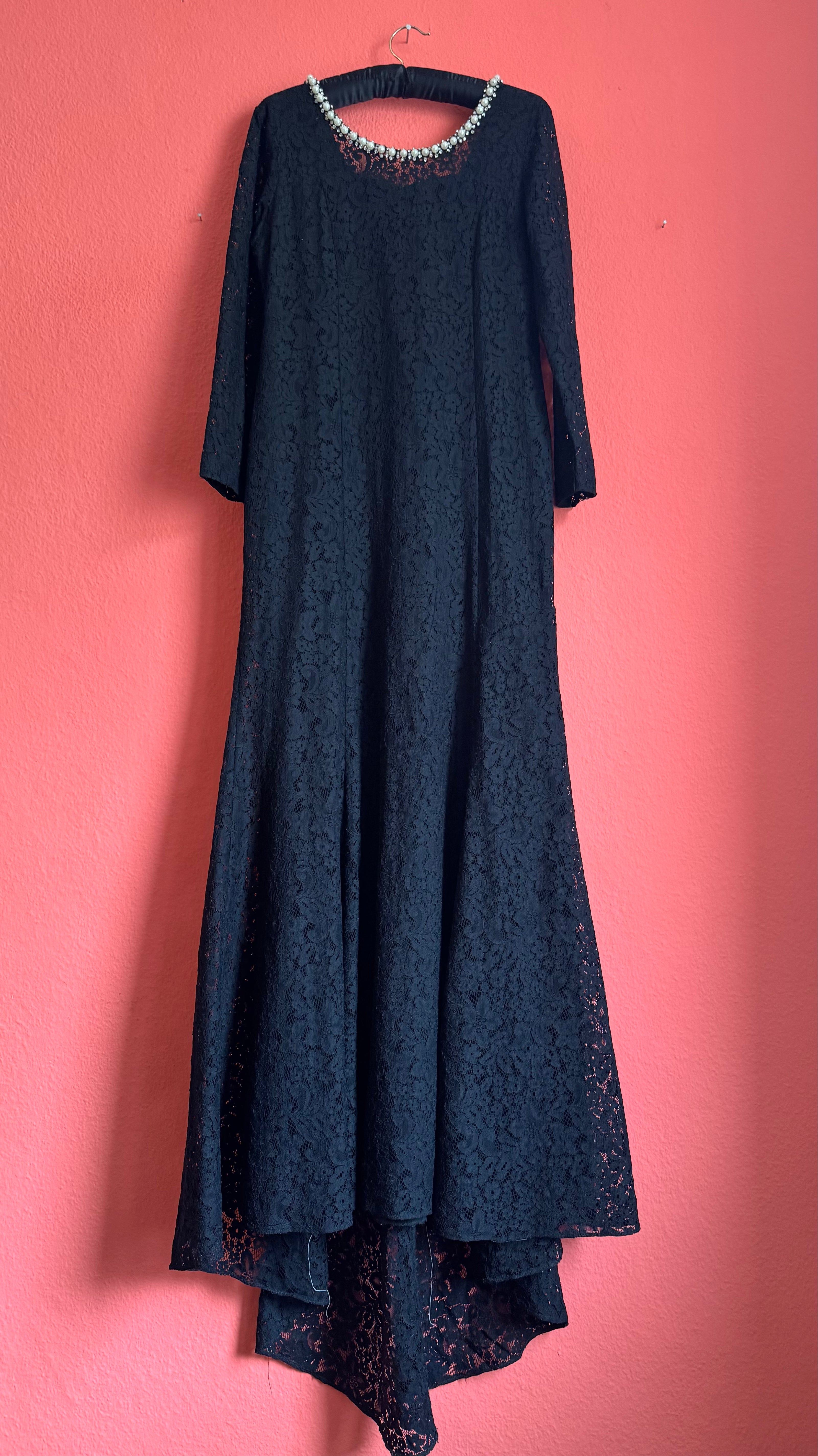 Vintage 1990s Modalgi Black Lace Pearl Neckline Dress