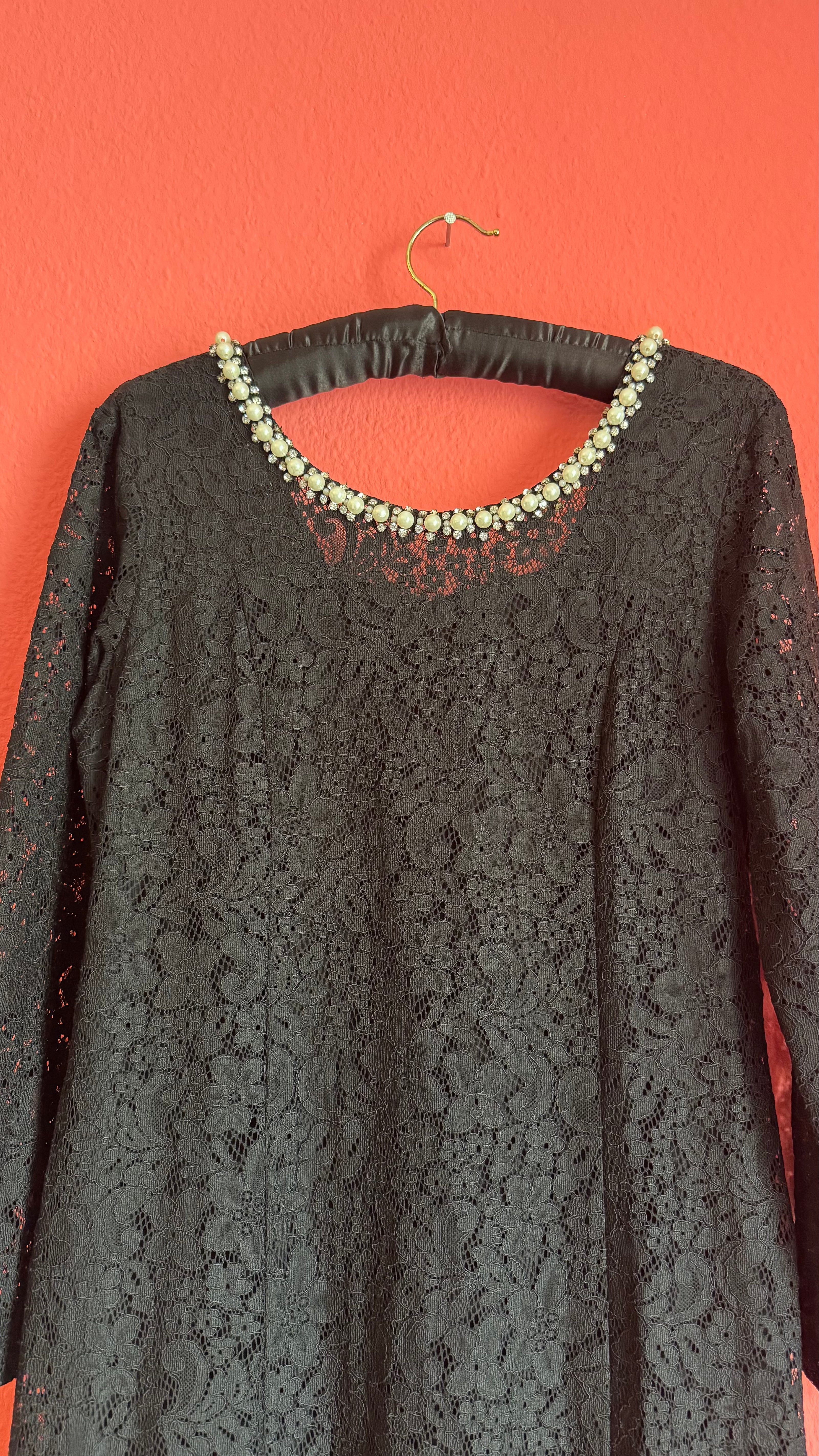 Vintage 1990s Modalgi Black Lace Pearl Neckline Dress