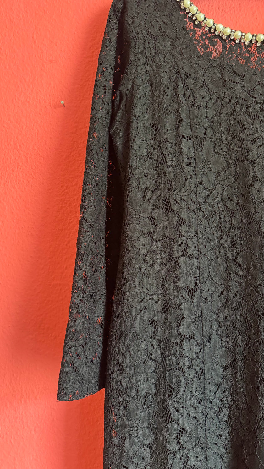 Vintage 1990s Modalgi Black Lace Pearl Neckline Dress