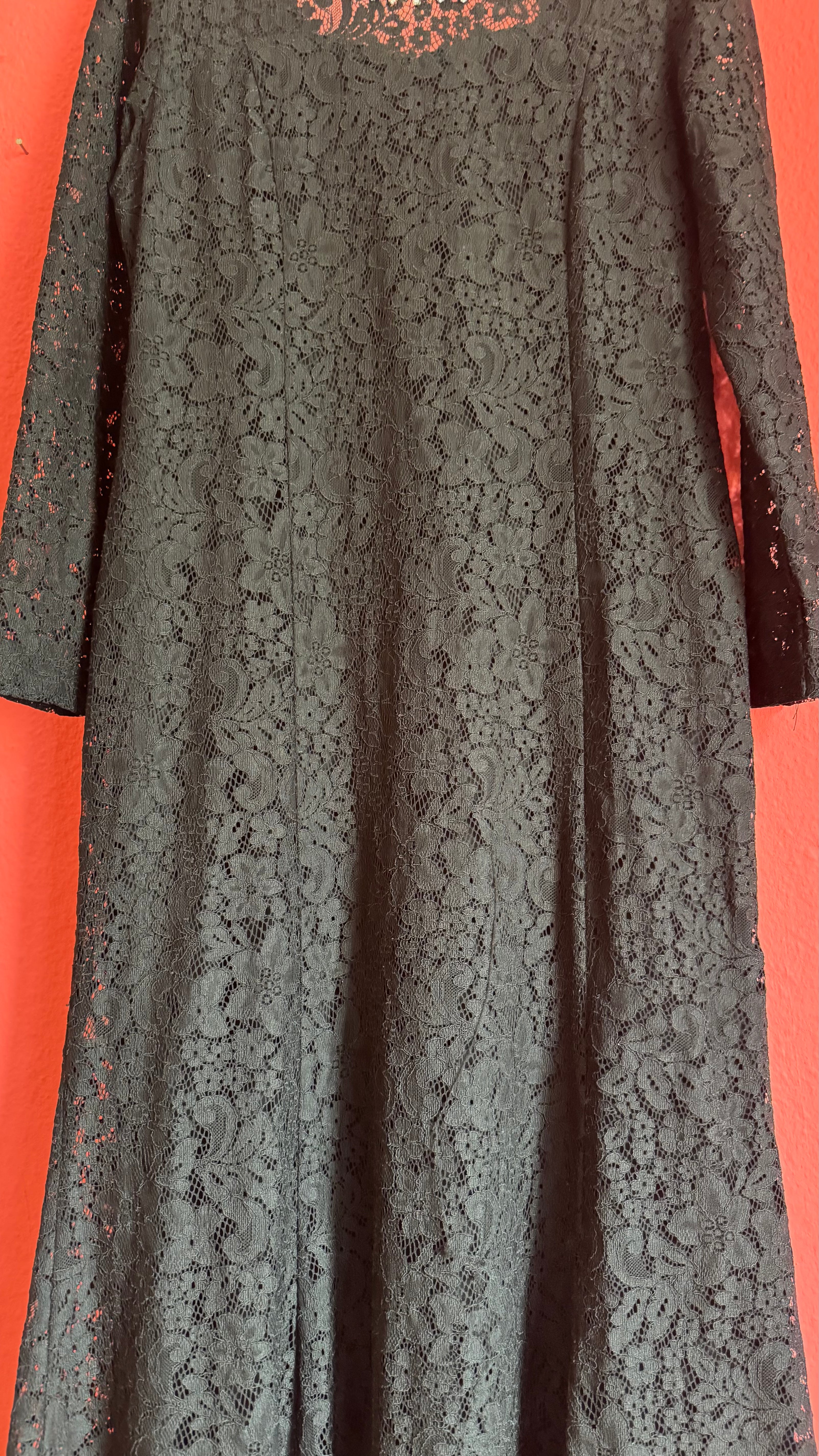 Vintage 1990s Modalgi Black Lace Pearl Neckline Dress