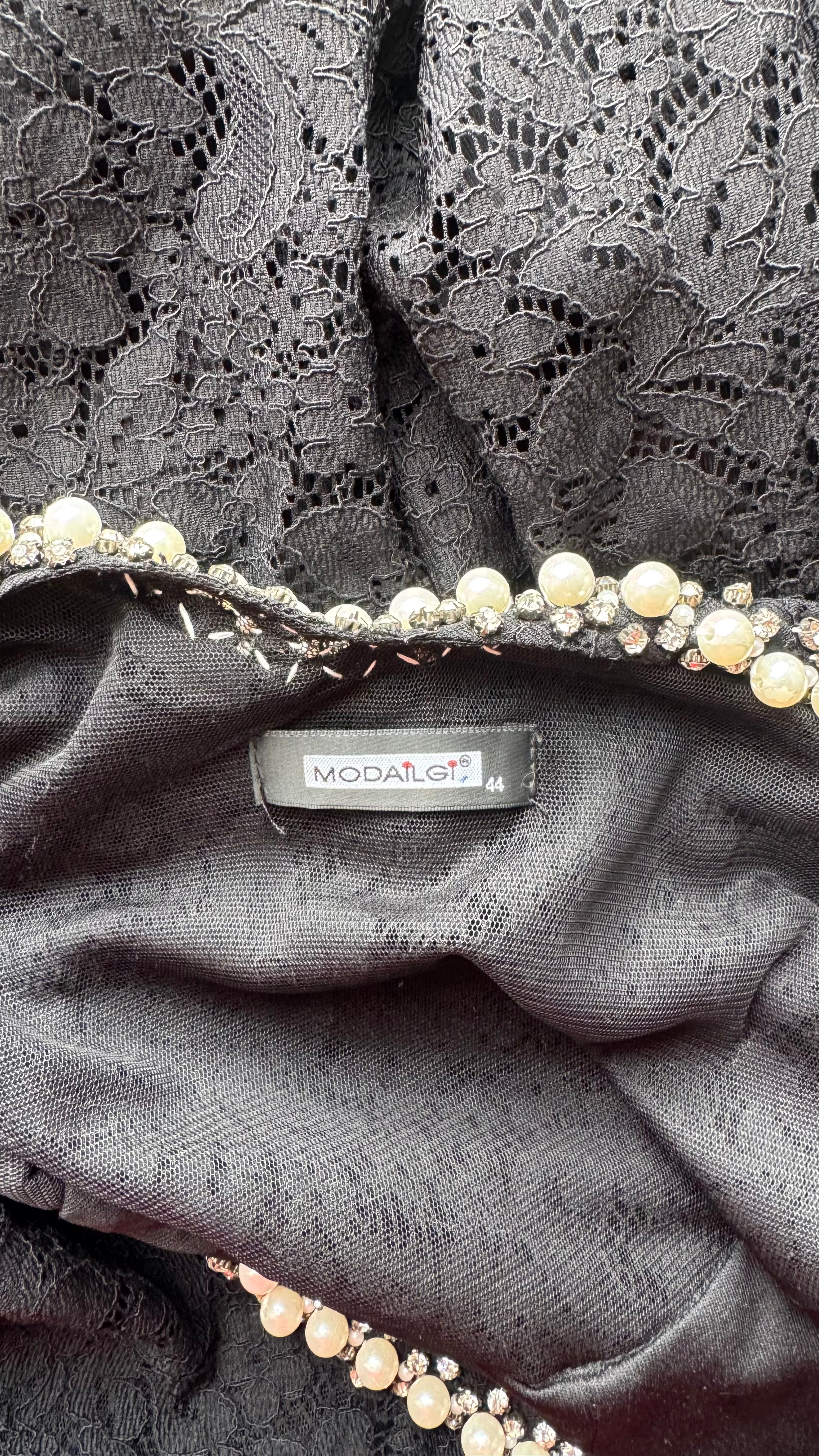 Vintage 1990s Modalgi Black Lace Pearl Neckline Dress