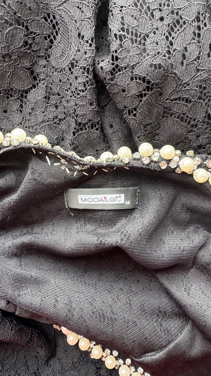 Vintage 1990s Modalgi Black Lace Pearl Neckline Dress