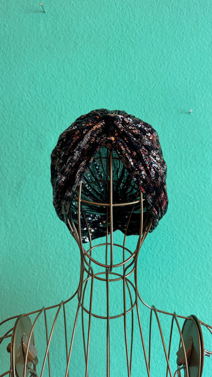 Vintage 1980s Black Sequin Turban Hat