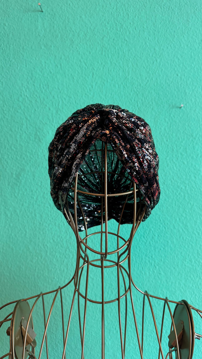 Vintage 1980s Black Sequin Turban Hat