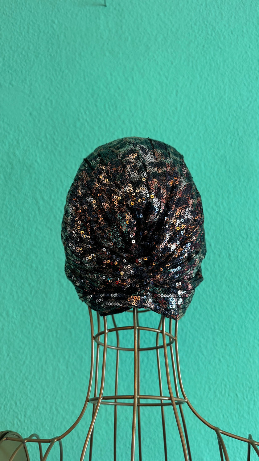 Vintage 1980s Black Sequin Turban Hat