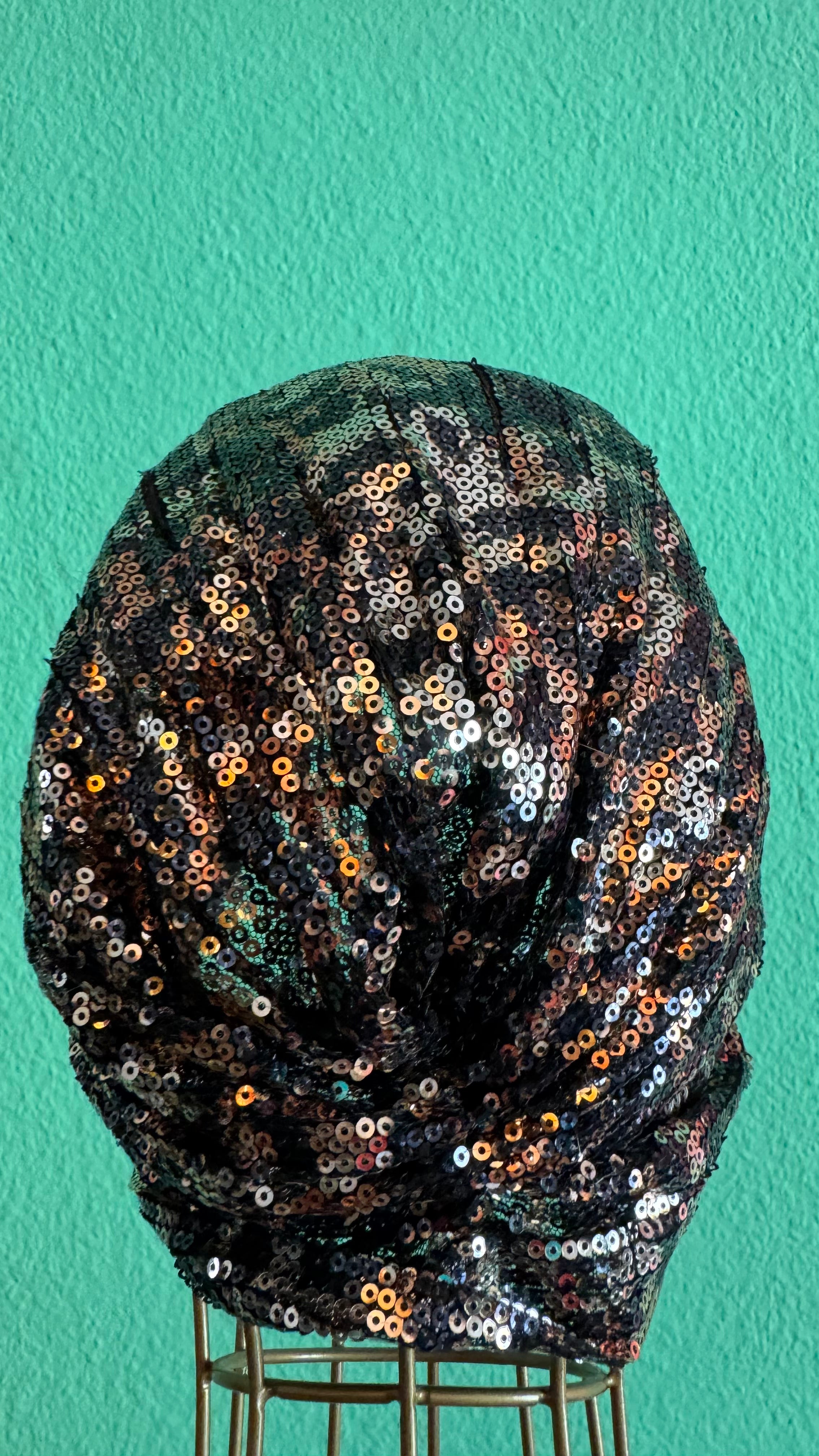 Vintage 1980s Black Sequin Turban Hat