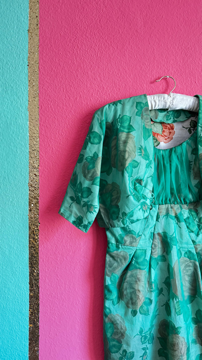 Sartorial Cotton & Green Tulle Dress with Cropped Jacket – Coordinated Ensemble