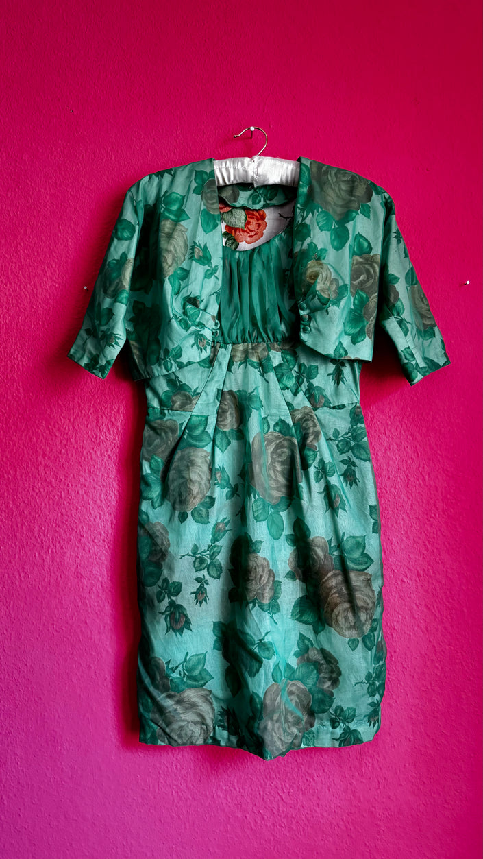 Sartorial Cotton & Green Tulle Dress with Cropped Jacket – Coordinated Ensemble