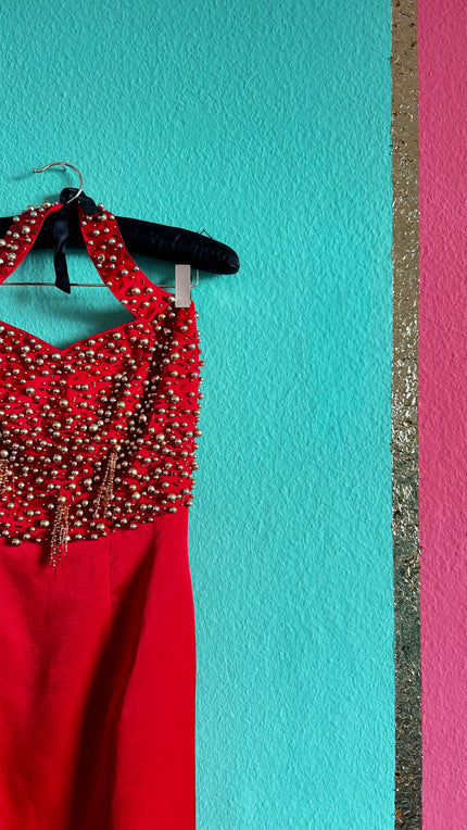 Red Beaded Halter Sheath Dress – Sculptural Evening Statement