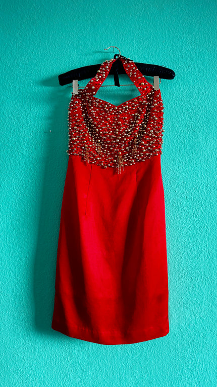 Red Beaded Halter Sheath Dress – Sculptural Evening Statement