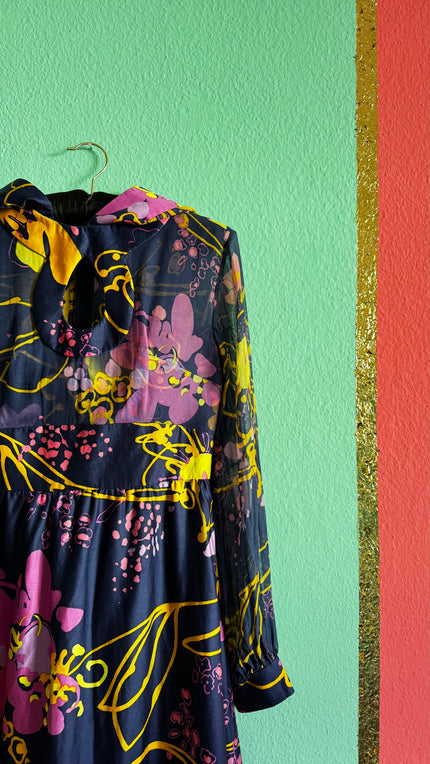 Handmade Cotton Floral Dress with Sheer Bodice & Removable Hood