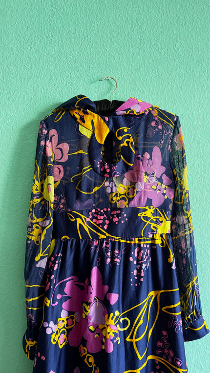 Handmade Cotton Floral Dress with Sheer Bodice & Removable Hood